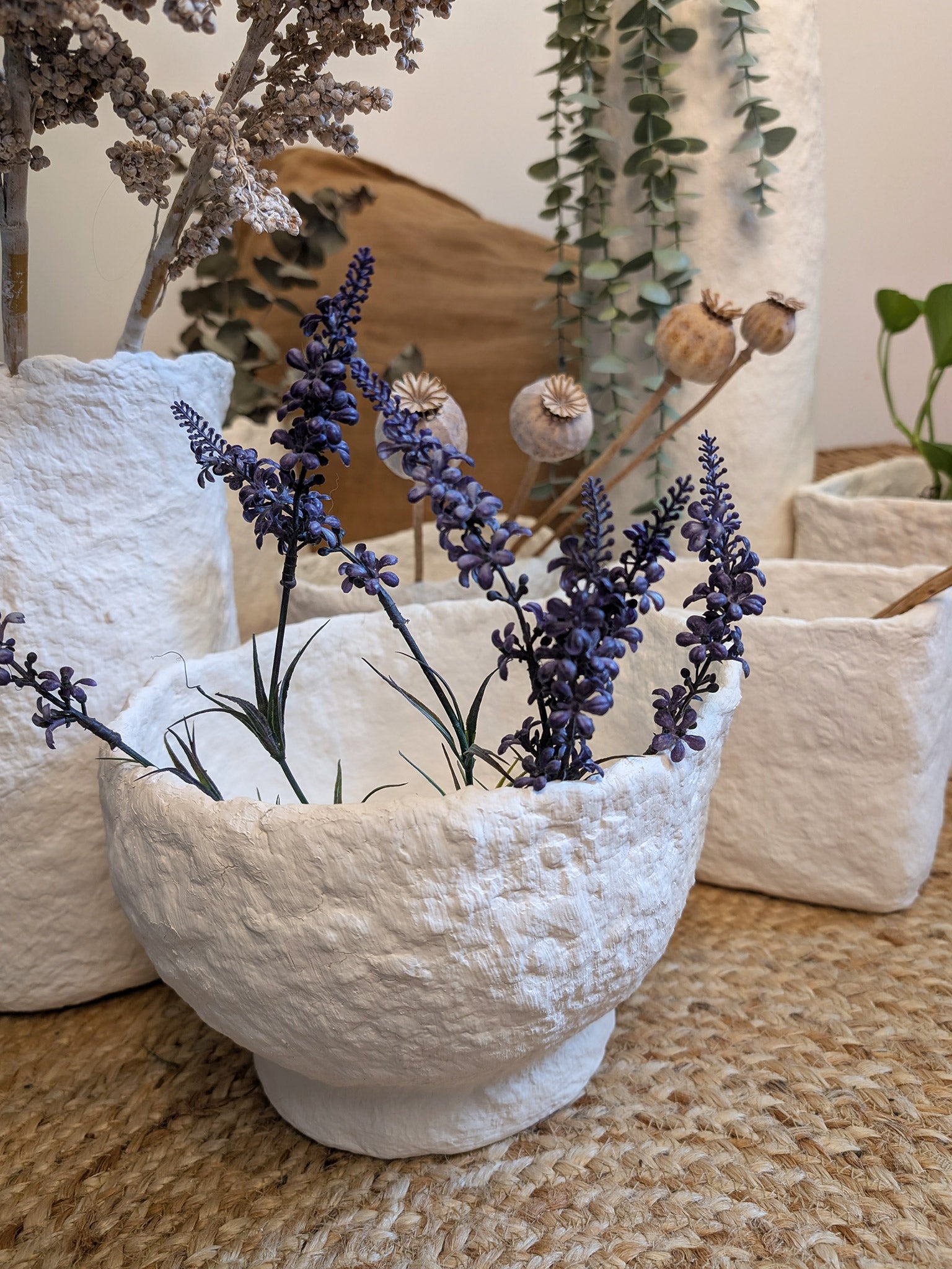 Papiermaché Schale - groß - handgemachte Statement -Deko im Boho Stil - beige