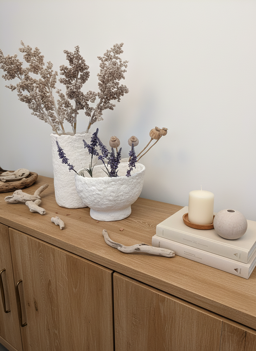 Papiermaché Schale - groß - handgemachte Statement -Deko im Boho Stil - beige