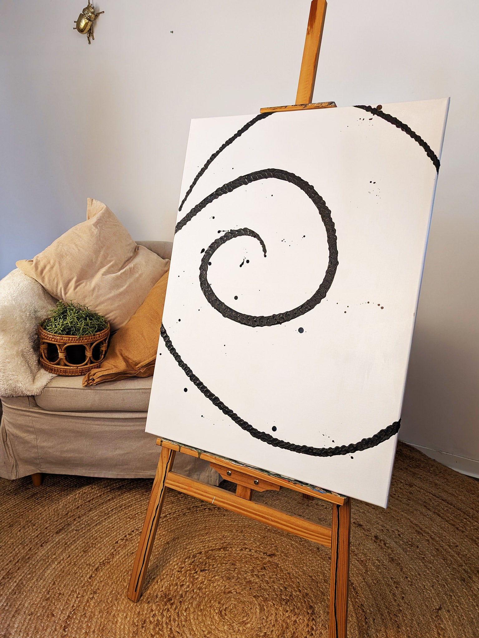 Abstraktes Schwarz - Weiß  Leinwandkunstwerk mit Linienführung - Minimalistisches Wandbild