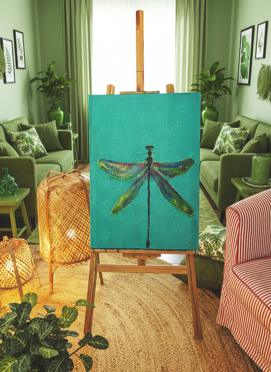 Libelle Kunst auf Leinwand mit grünem Hintergrund - Lebendiges harmonisches Wandbild