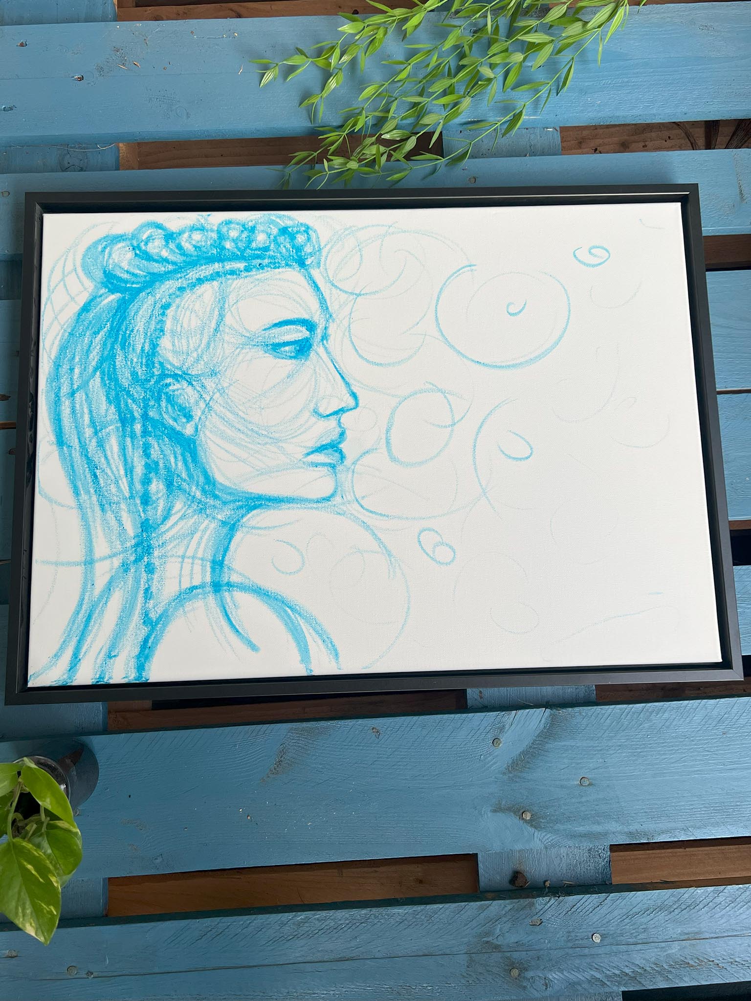 Pop Art Gesicht in blau - selfmade Kunst - abstrakte Zeichnung - Leinwand - Original Art