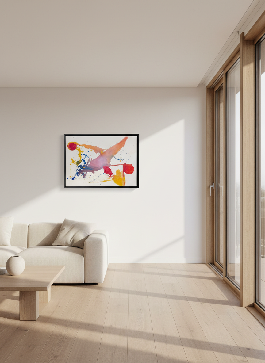 Farbenfrohes abstraktes Kunstwerk in Gelb, Rot und Blau - Ausdrucksstarke moderne Wandkunst