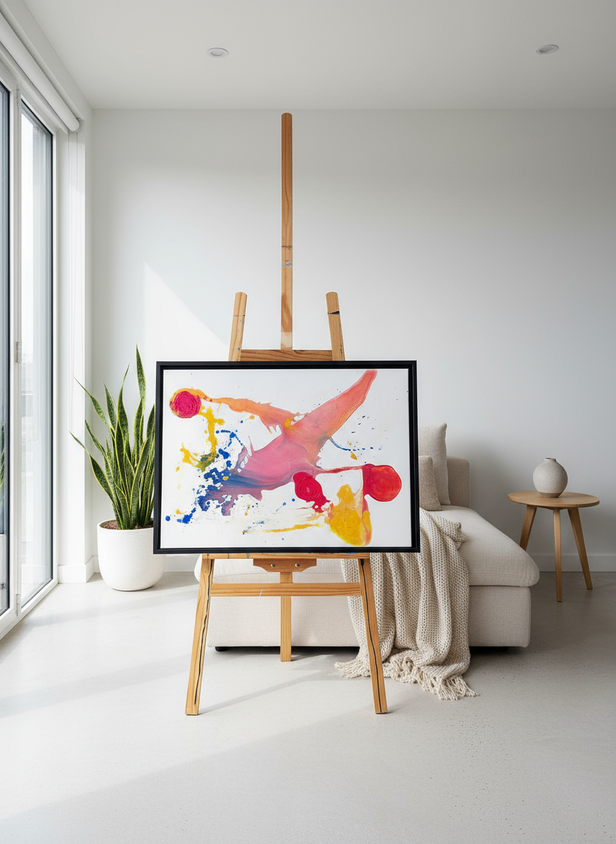 Farbenfrohes abstraktes Kunstwerk in Gelb, Rot und Blau - Ausdrucksstarke moderne Wandkunst