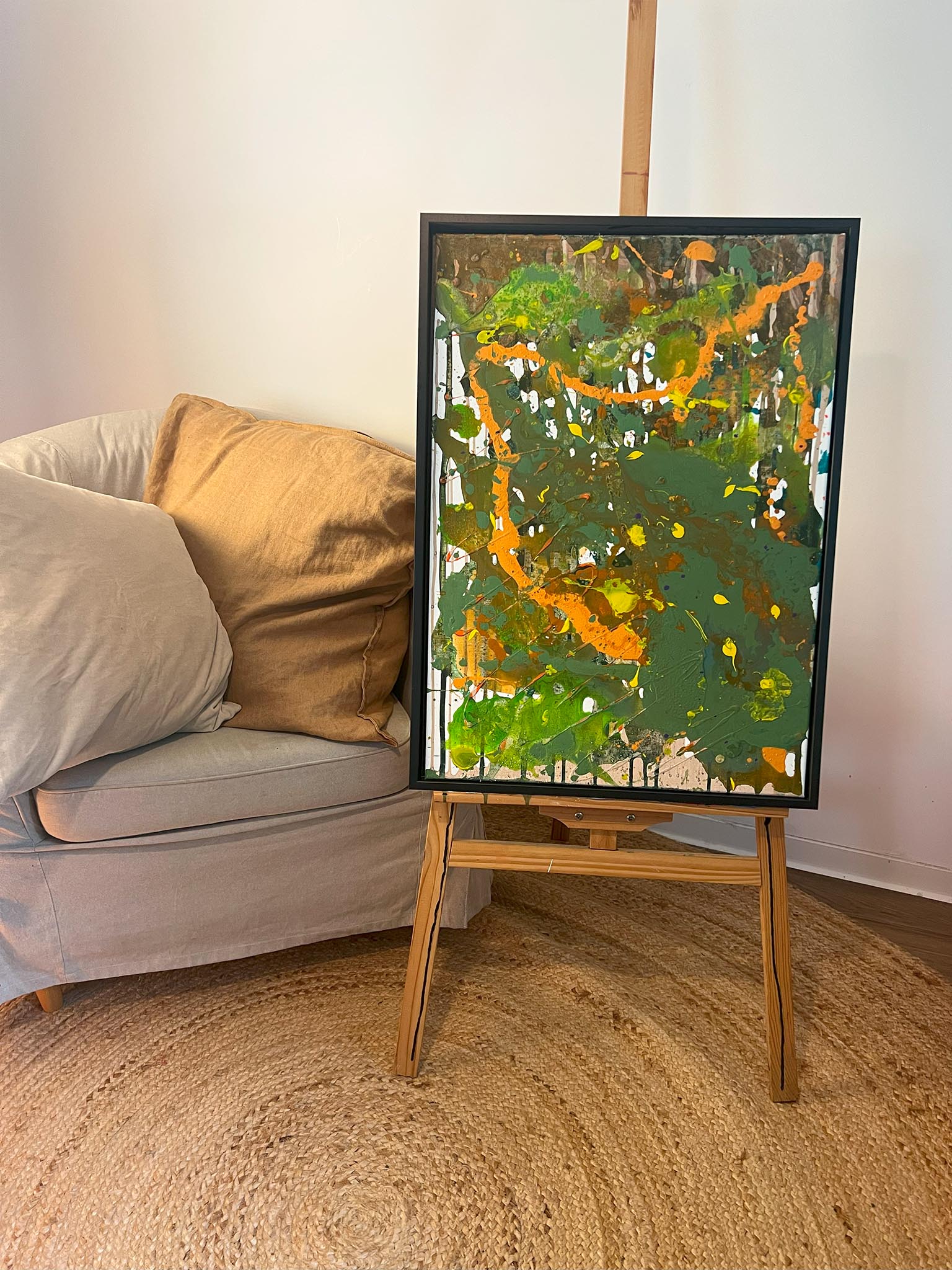 Kreatives abstraktes Leinwandbild in Grün & Orange -  Frische Farbkombinationen - für lebendige Räume