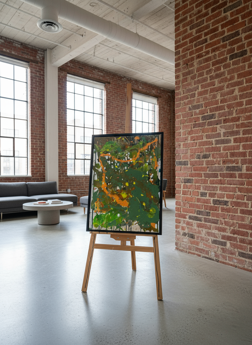 Kreatives abstraktes Leinwandbild in Grün & Orange -  Frische Farbkombinationen - für lebendige Räume