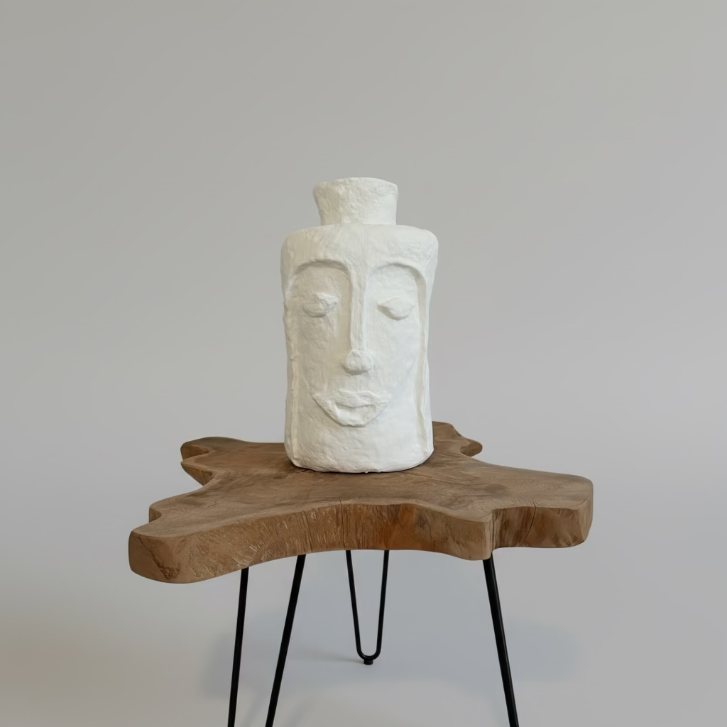 Papiermaché Vase - Gesicht - mittel - rund - handgemachte Statement - Deko im Boho Stil - beige