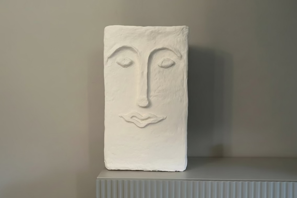 Papiermaché Vase - Gesicht -  groß - eckig - handgemachte Statement - Deko im Boho Stil - beige