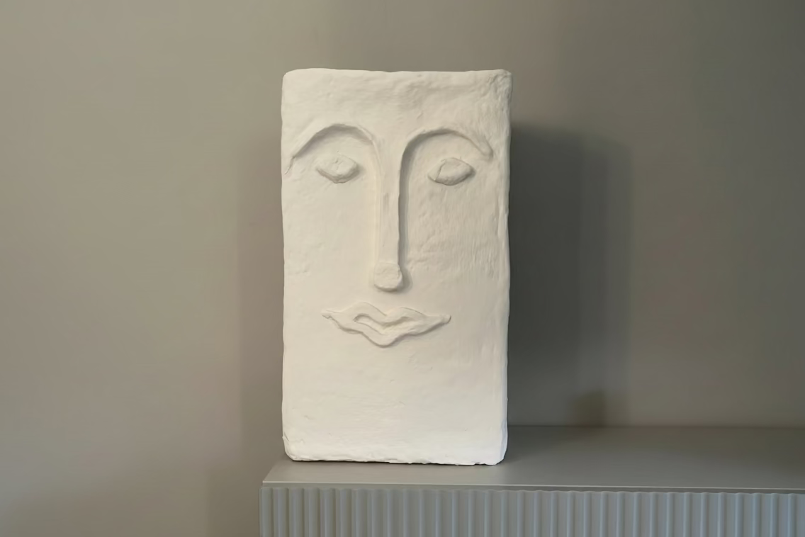 Papiermaché Vase - Gesicht -  groß - eckig - handgemachte Statement - Deko im Boho Stil - beige