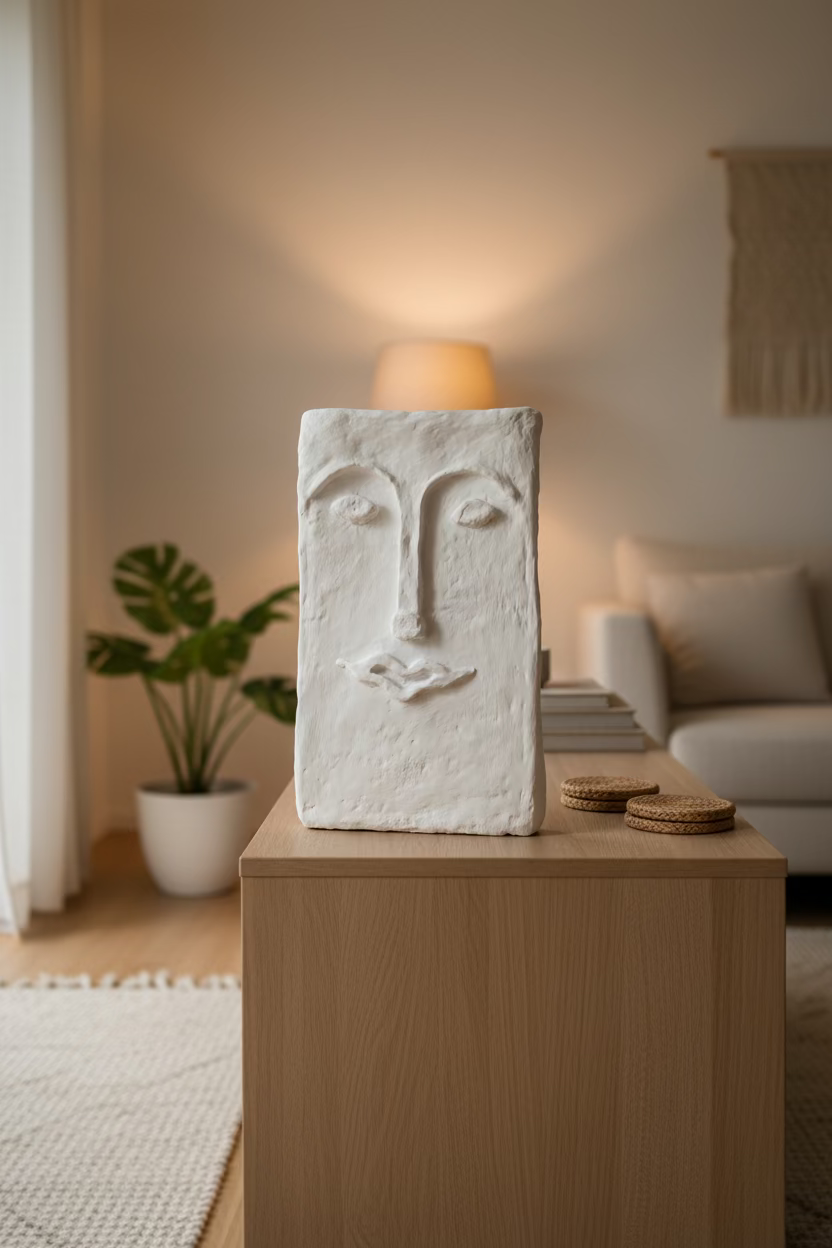 Papiermaché Vase - Gesicht -  groß - eckig - handgemachte Statement - Deko im Boho Stil - beige