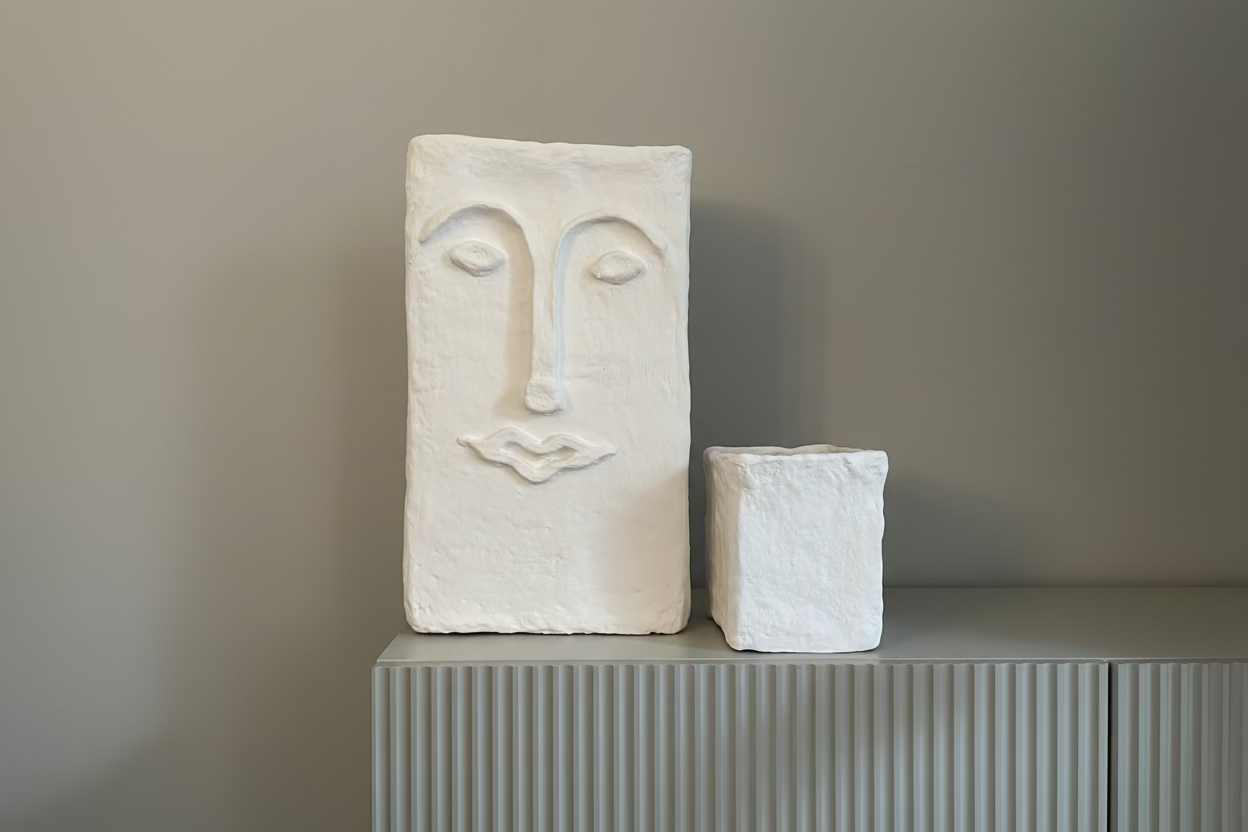 Papiermaché Vase - Gesicht -  groß - eckig - handgemachte Statement - Deko im Boho Stil - beige