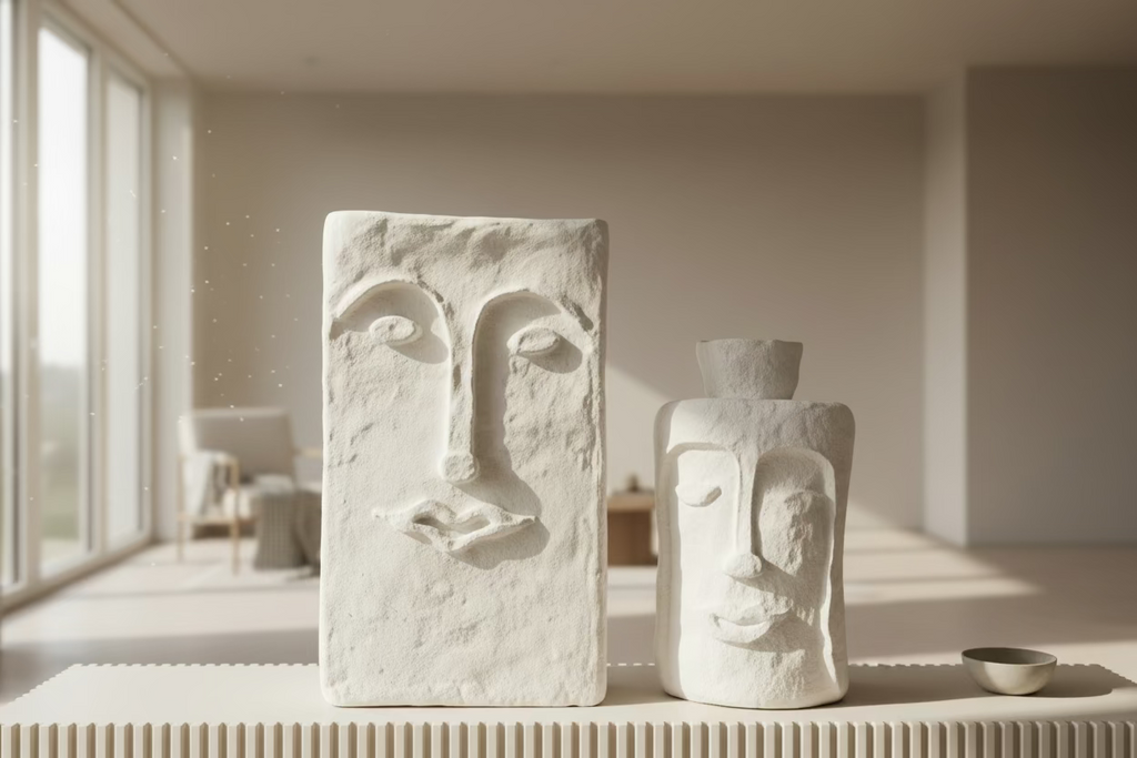 Papiermaché Vase - Gesicht -  groß - eckig - handgemachte Statement - Deko im Boho Stil - beige