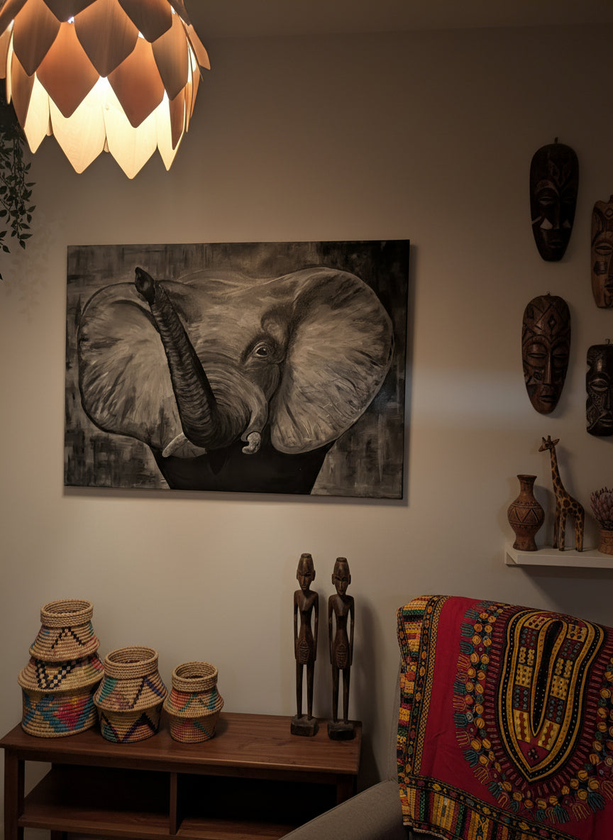 Großer freundlicher Elefant schwarz weiß