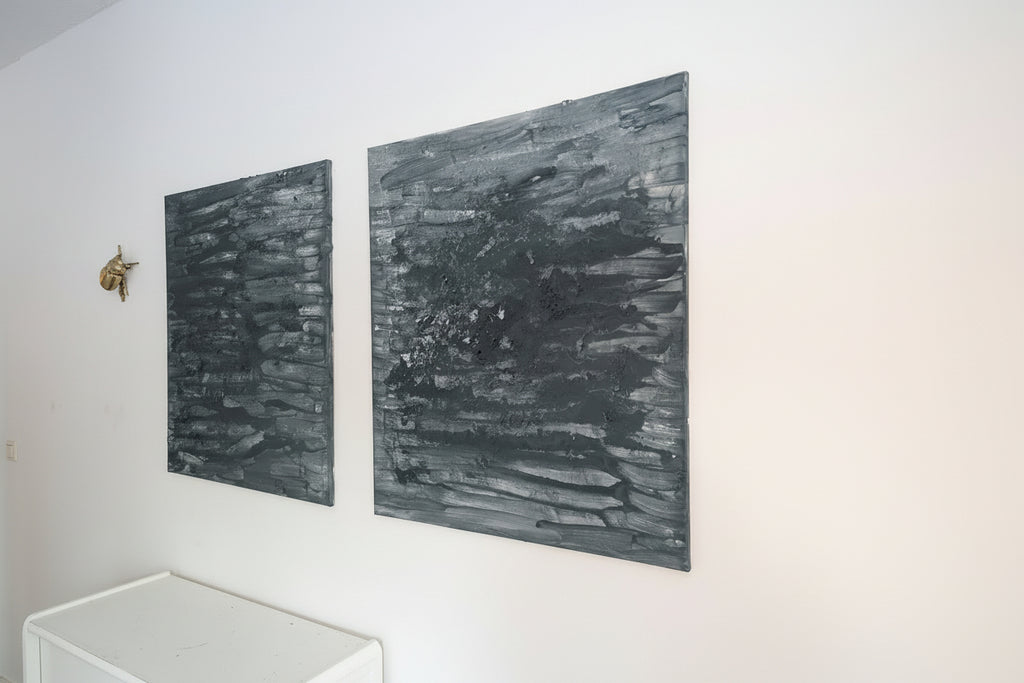 Handgefertigtes Leinwandbild 80x80 cm – Moderne Struktur in Grau-Blau-Grün-Beige