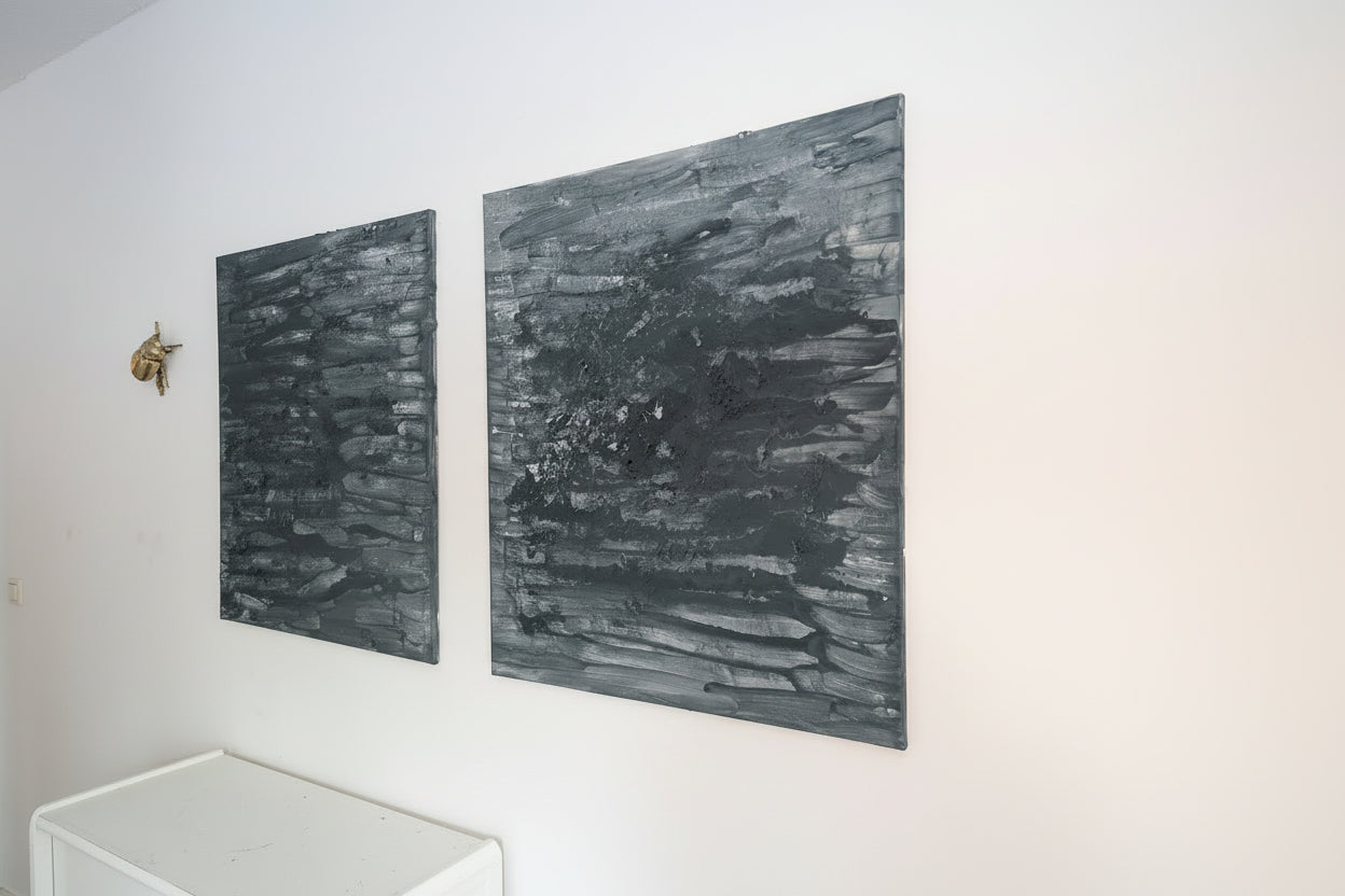 Handgefertigtes Leinwandbild 80x80 cm – Moderne Struktur in Grau-Blau-Grün-Beige