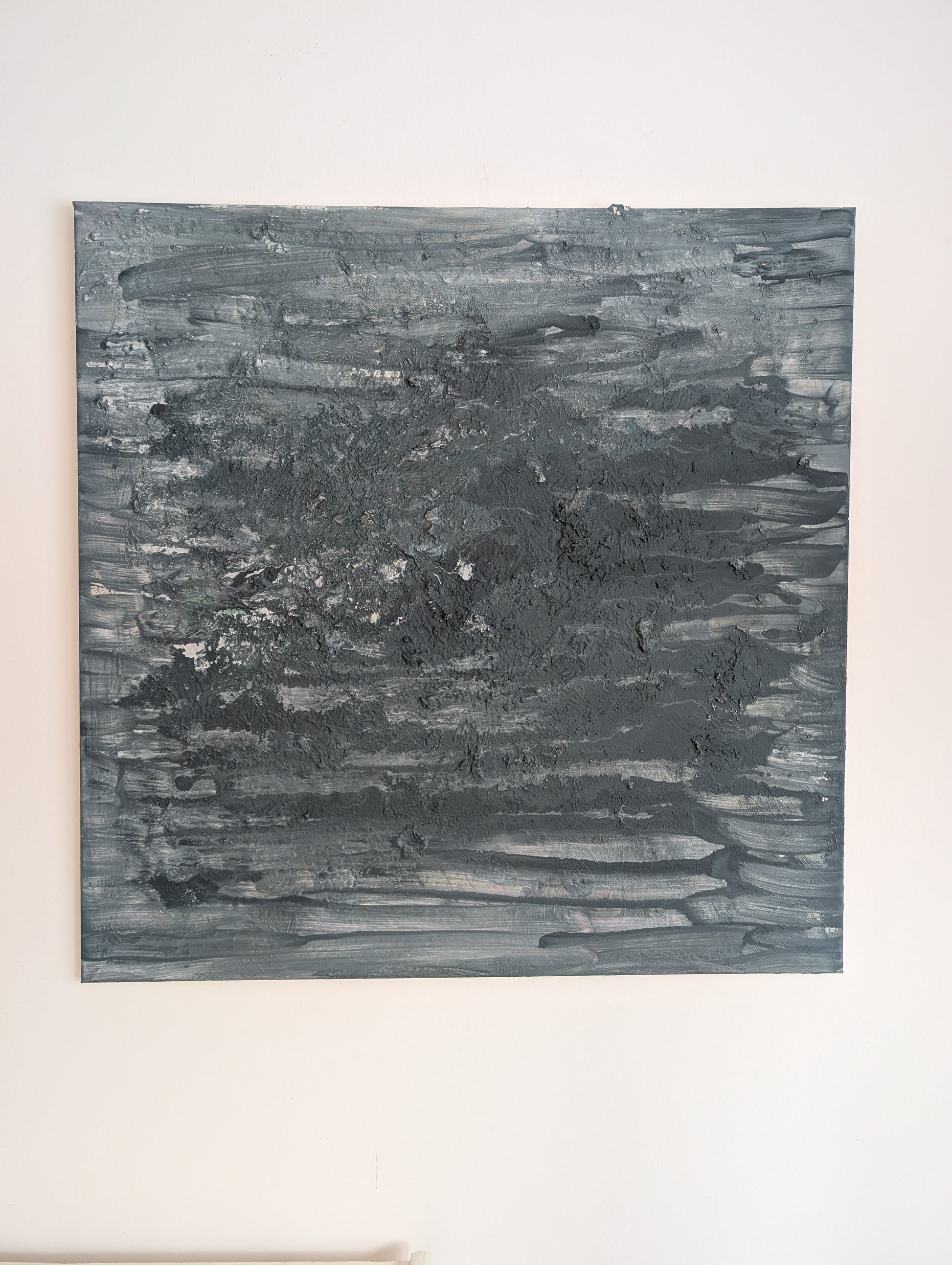 Handgefertigtes Leinwandbild 80x80 cm – Moderne Struktur in Grau-Blau-Grün-Beige