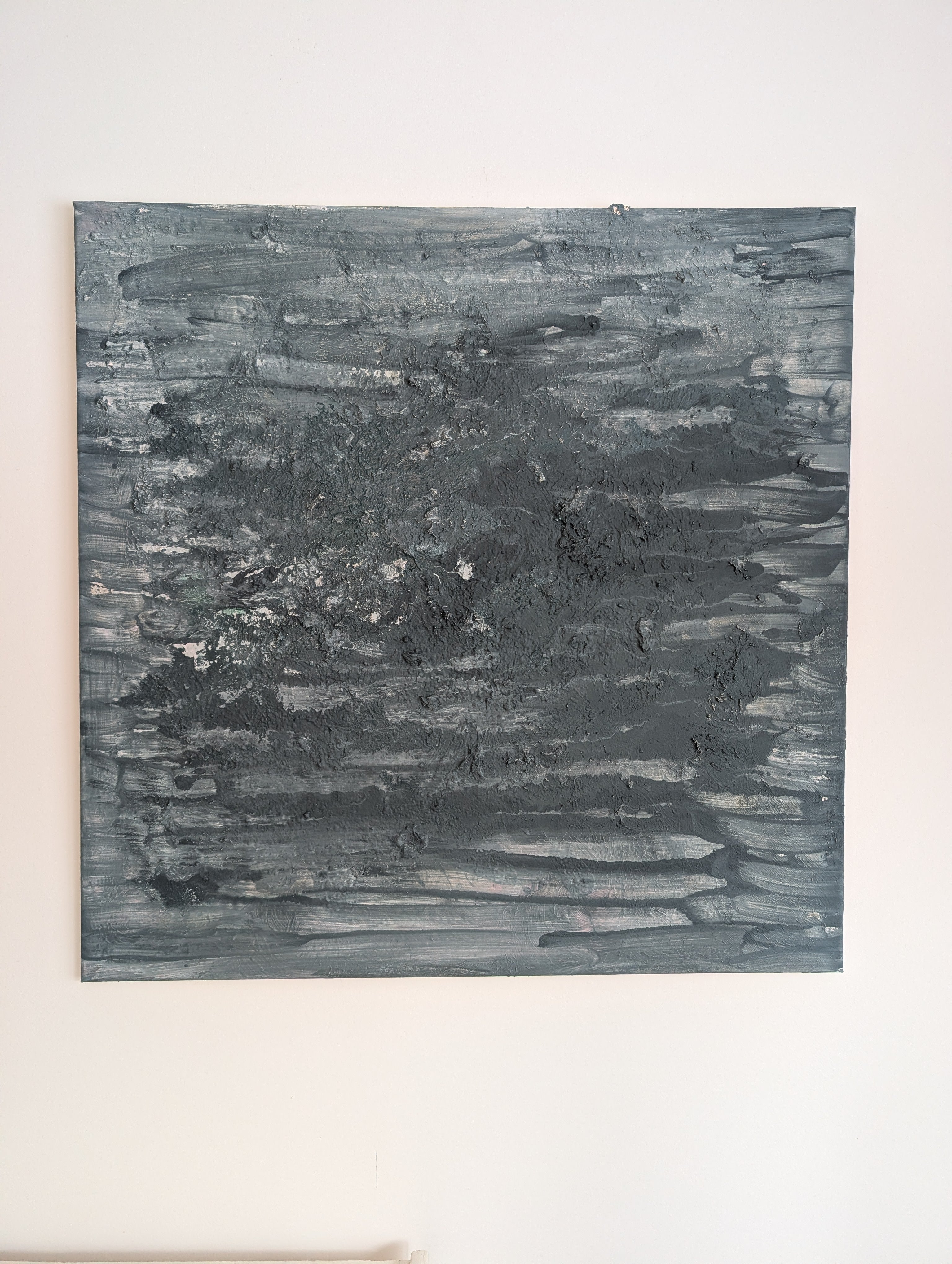 Handgefertigtes Leinwandbild 80x80 cm – Moderne Struktur in Grau-Blau-Grün-Beige