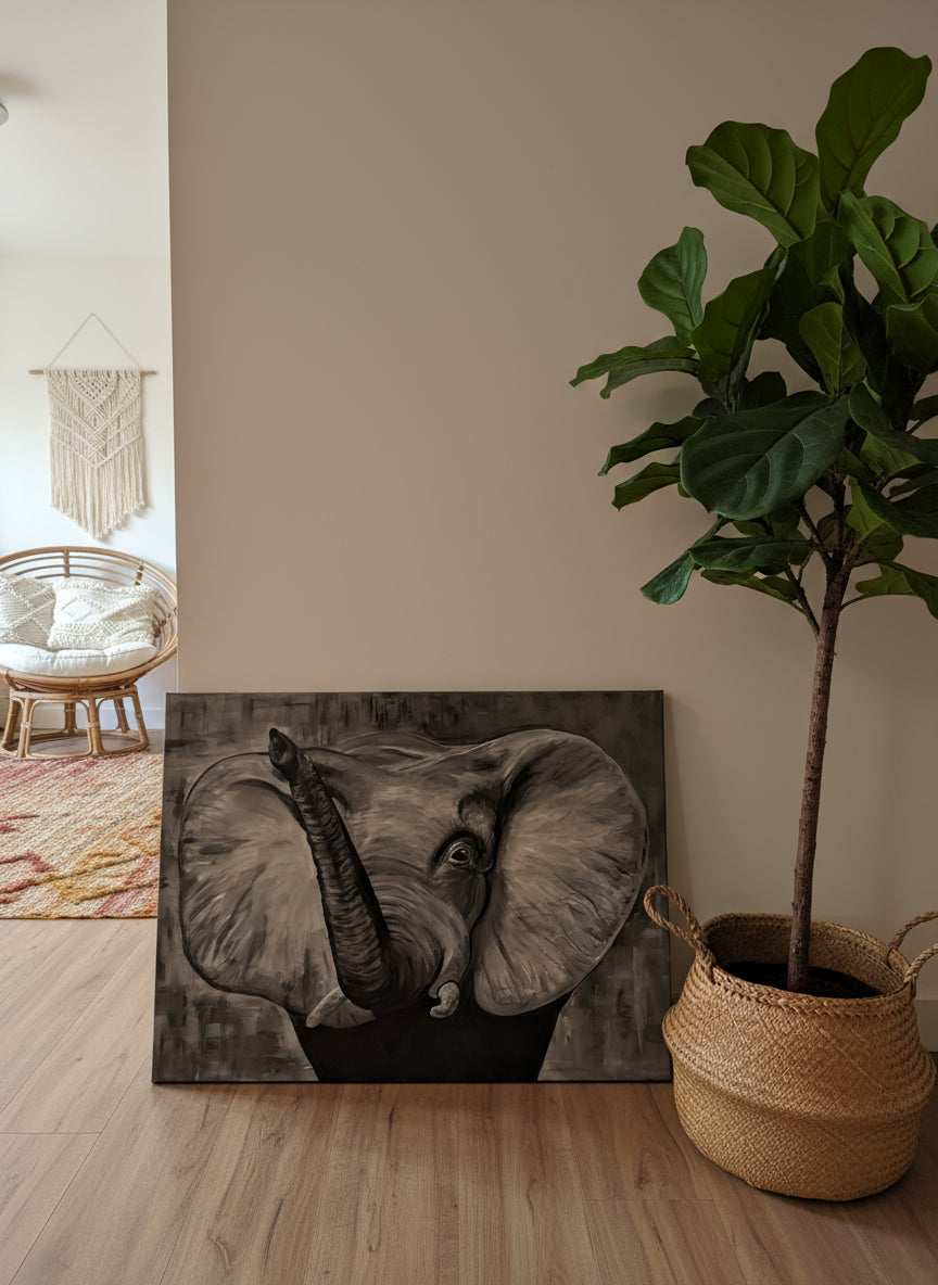 Großer freundlicher Elefant schwarz weiß